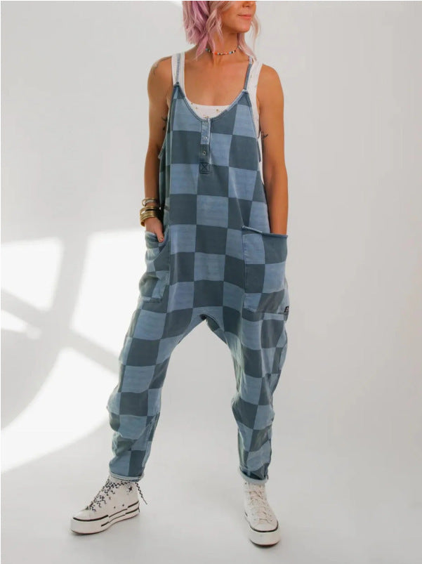 Women Clothing Printed Checks Casual with Big Pockets Jumpsuit Backless Loose