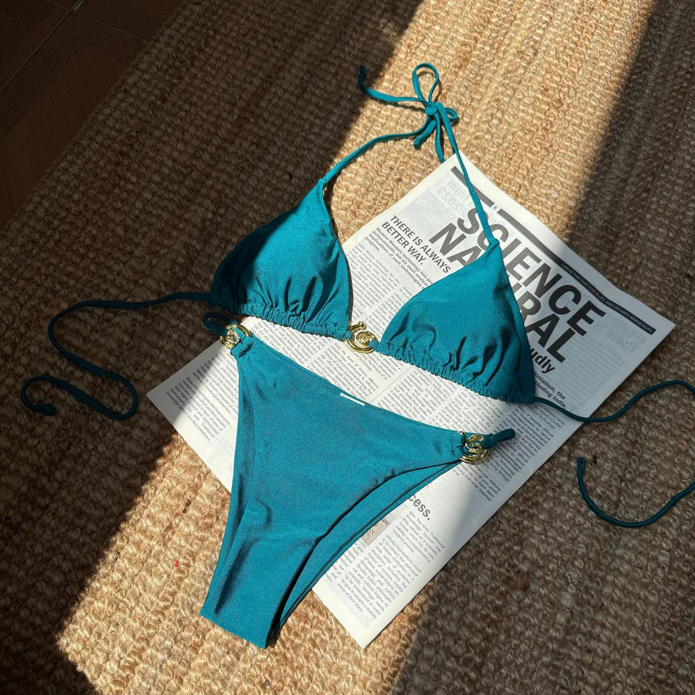 Sexy Nylon Light Metal Ring Lace up Backless Split Swimsuit Bikini