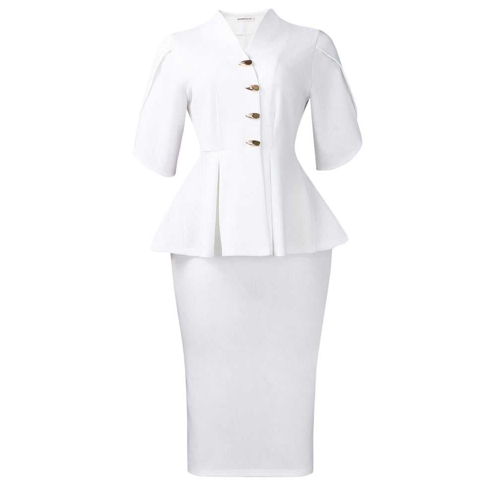 Women Clothing Short Sleeve Elegant Ruffled Hip Split Solid Color Set