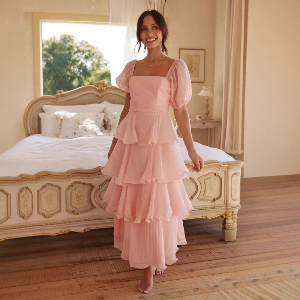 Backless Puff Sleeve Tiered Dress Long