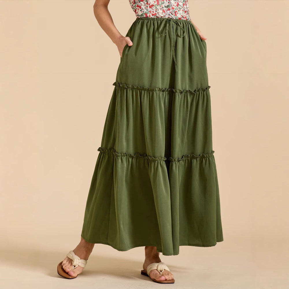 Women High Waist Elastic Pocket Long Adjustable Lace up Skirt Women