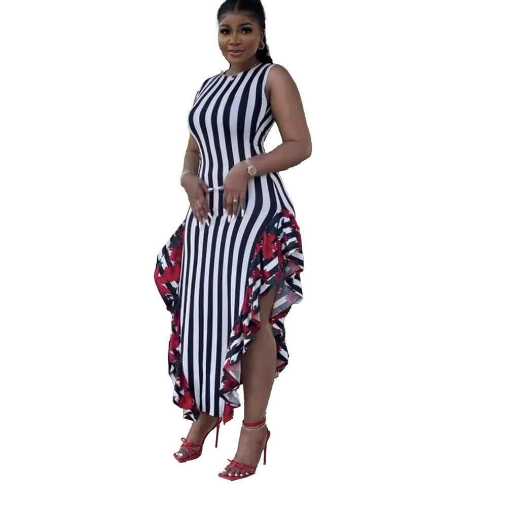 Women Clothes Stitching Printing Striped Stitching Wooden Ear Sleeveless Vest Dress