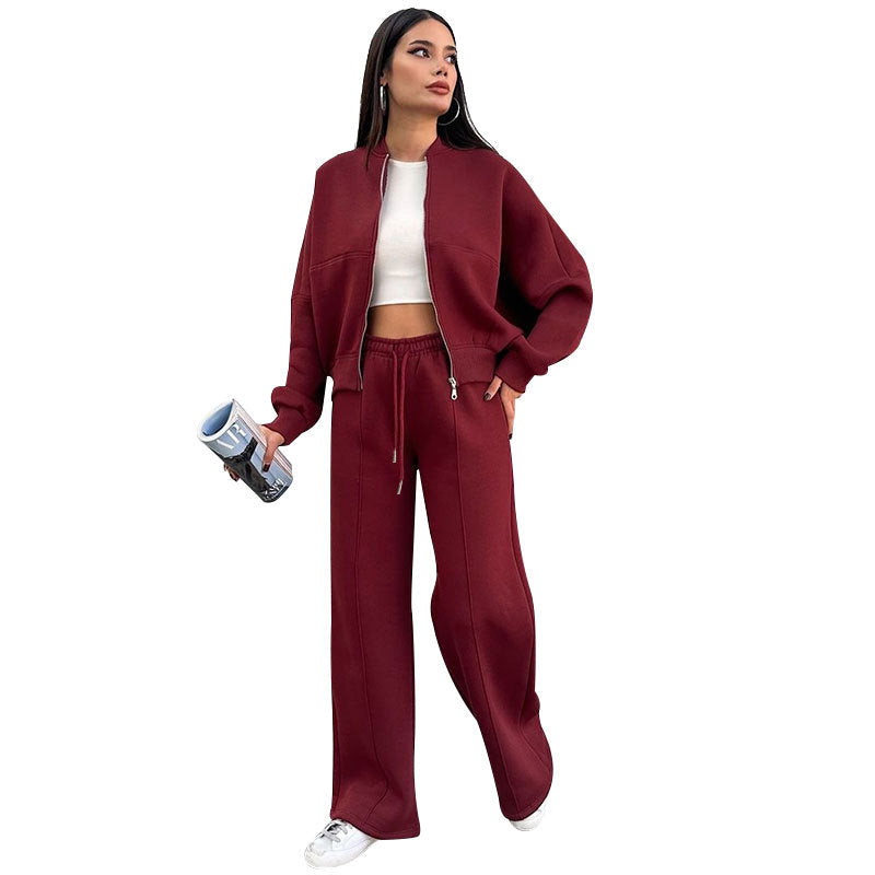 Autumn Winter Solid Color with Fur Zipper Cardigan Women Clothes Casual Straight Pants Two Piece Sets