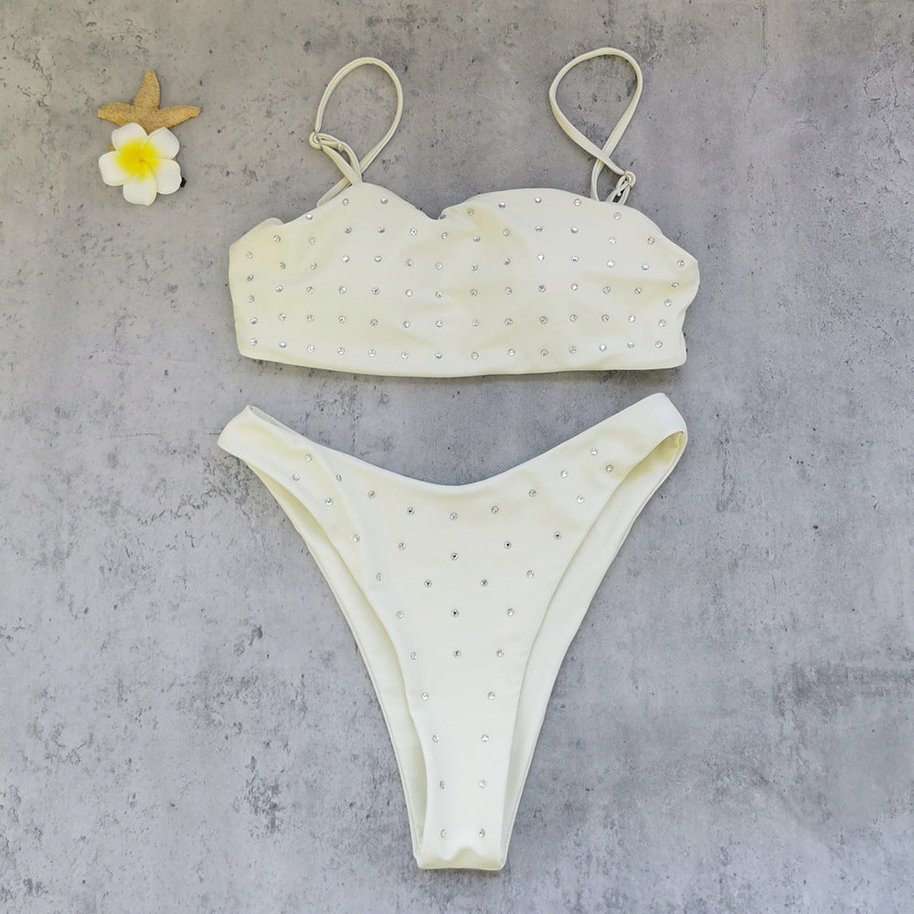 Tube Top with Diamond Solid Color Low Waist Bikini Sexy Split Swimsuit Bikini