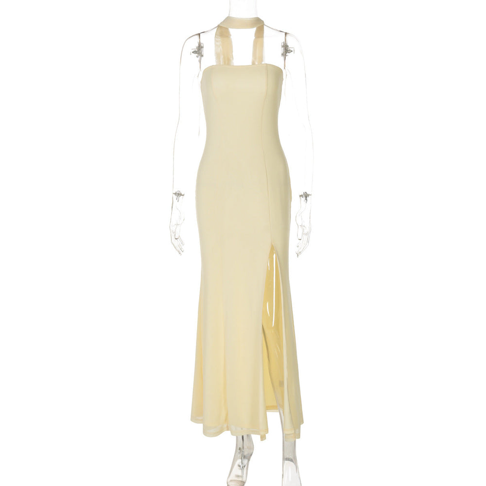 Women Clothing Summer Tube Top Slit Slim Fitting Solid Color Dress