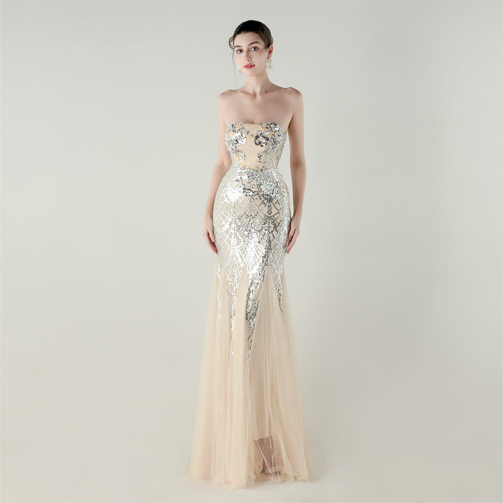 Tube Top Cross Strap Beaded Tube Floral Sequin Mesh Evening Dress Cocktail Wedding Social Elegant Clothing