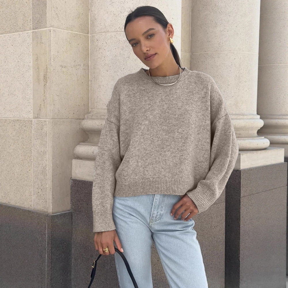 Autumn Winter Russian Thickened Short round Neck Solid Color Sweater All Matching Basic Women Clothing