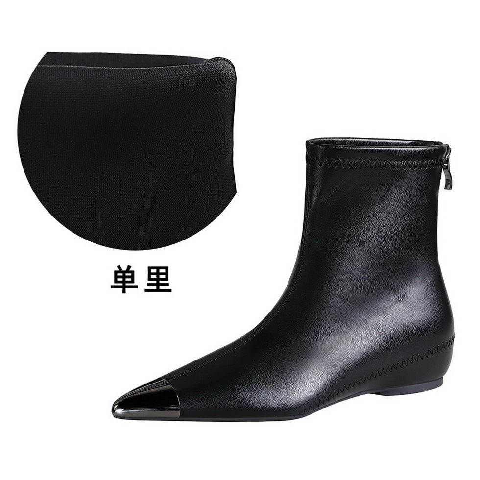 Retro All Matching Low Heel Wedge Hidden Heel Metal Pointed Toe Tilta Women Short Boots Ankle Boots
