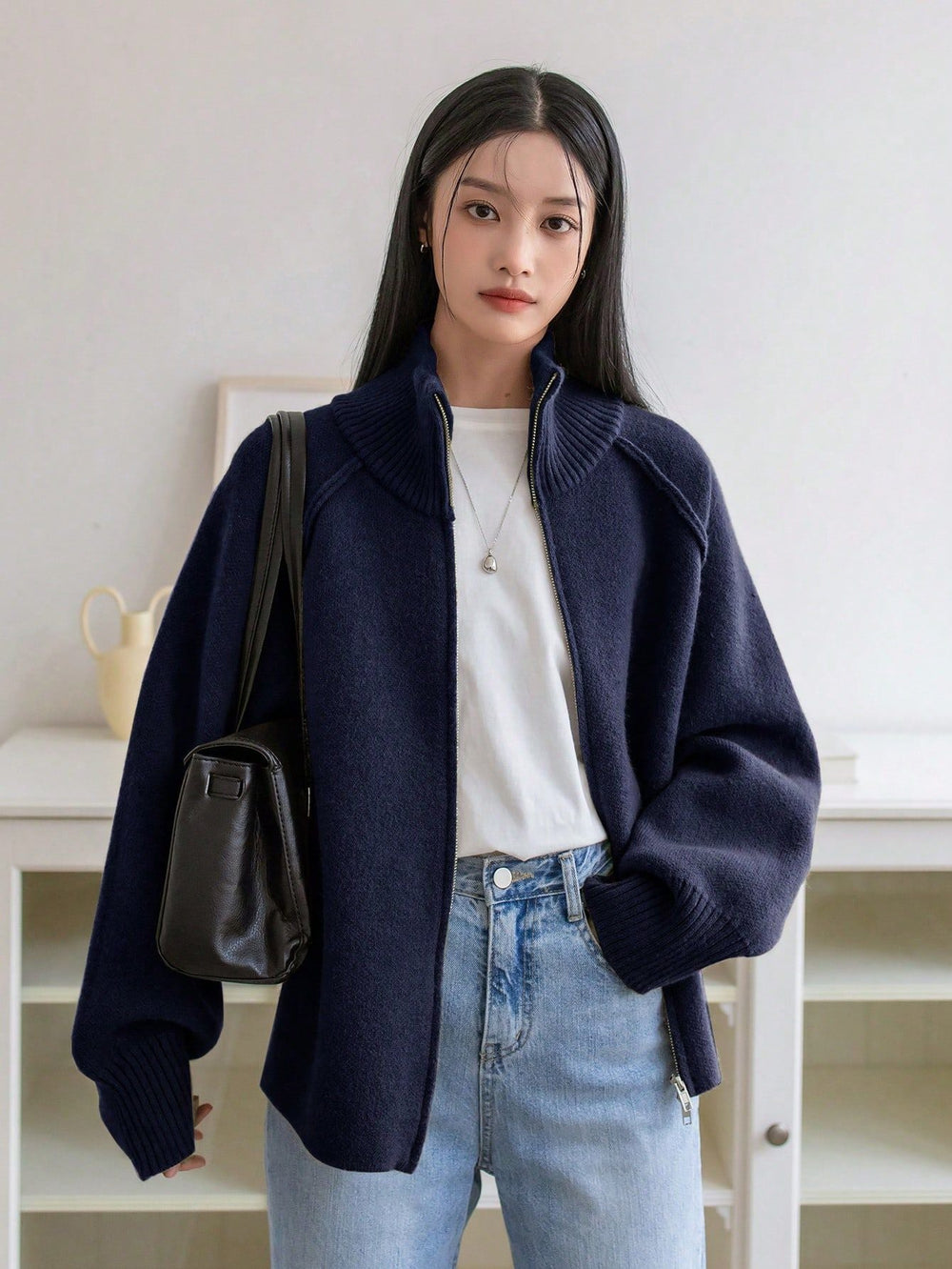 Lazy Sweater Coat Women Autumn Winter Korean Solid Color Stand Collar Zipper Knitted Cardigan Top