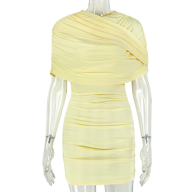 Slimming Solid Color Women Pleated Simple Fashionmonger Hip Dress Shopping Waist Travel Short Dress