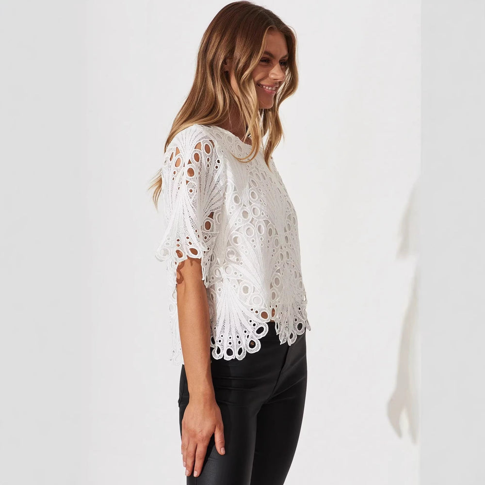 Hollow Out Cutout Crocheted Fringed Sweater Women Summer Figure Flattering Outerwear Short-Sleeved Lace Shirt Top