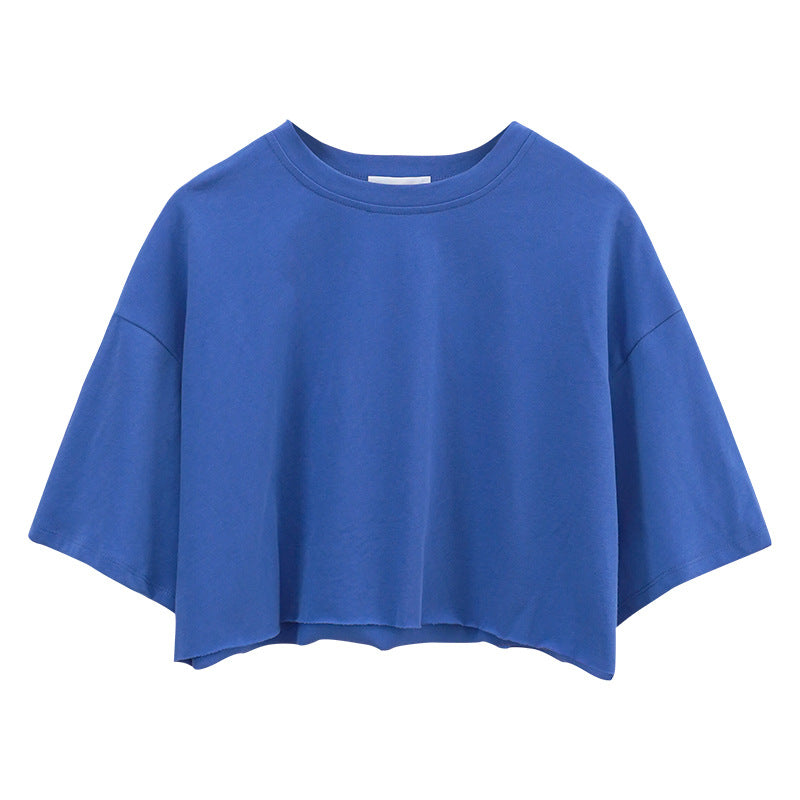 Sexy Short Sleeved T shirt Women Summer Pure Cotton Solid Color Short Cropped round Neck Sports Top