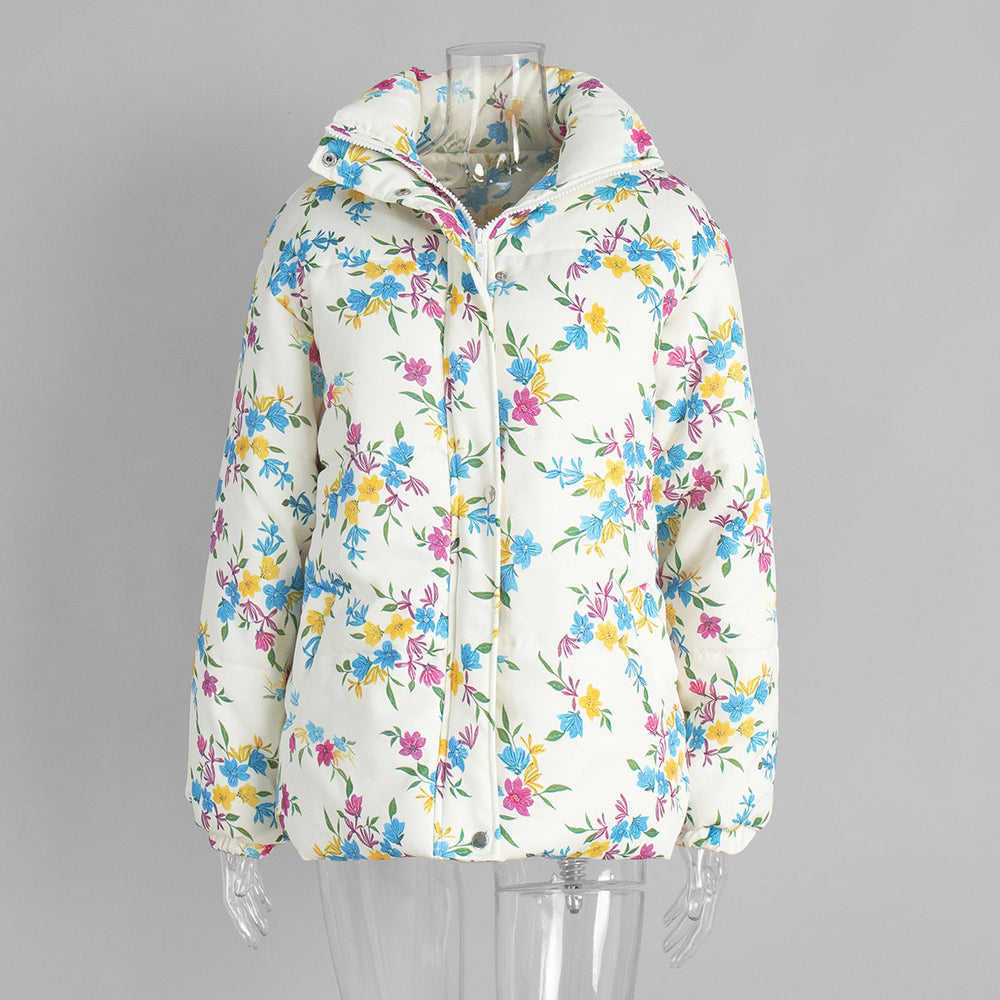 Printed Cotton Padded Jacket Coat Women Autumn Winter Stand Collar Zipper Cotton Padded Jacket Thermal Cotton Padded Coat Women