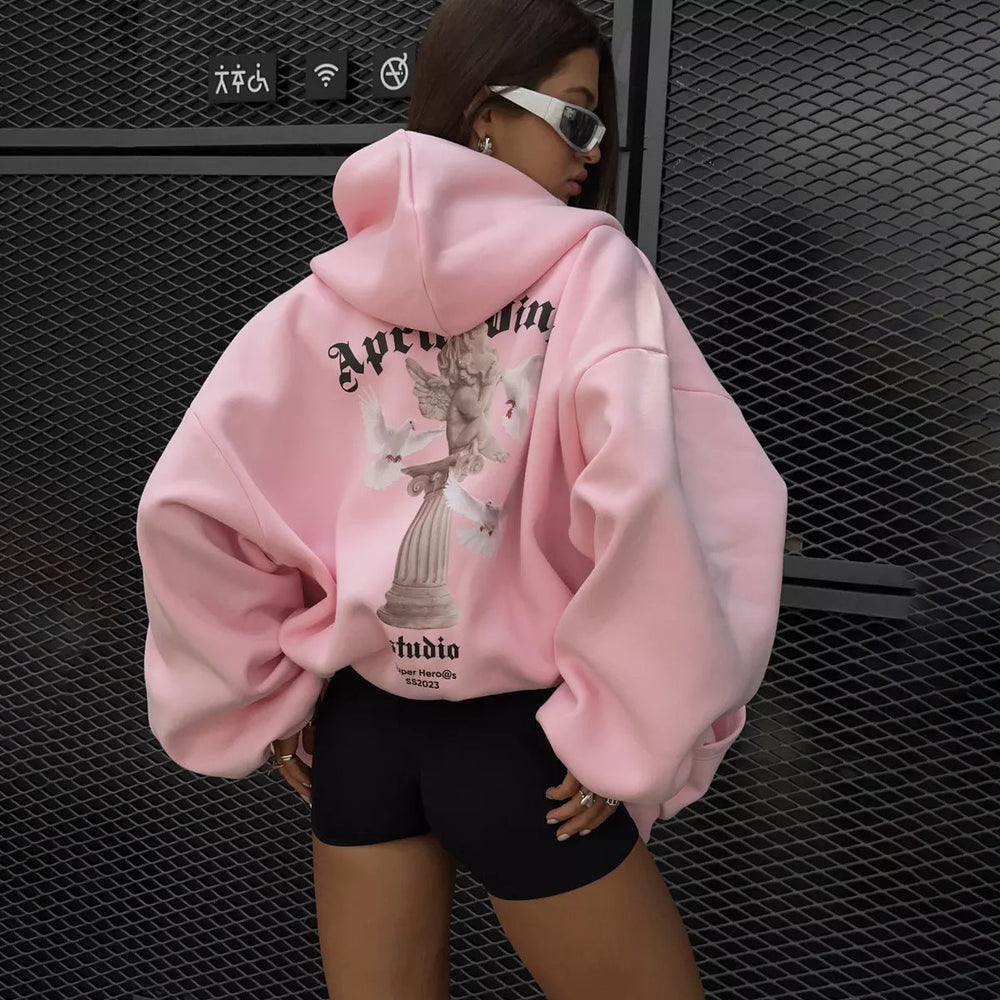 Loose Personality Trendy Sexy Casual Top Angel Print Hooded Zipper Sweatshirt for Women Spring Autumn