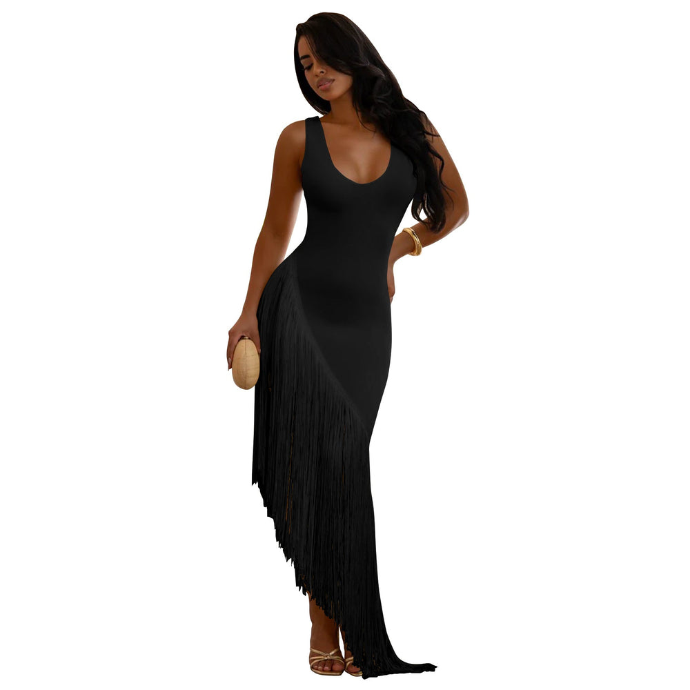 Women Sexy Strap Backless Tassel Stitching U Neck Dress