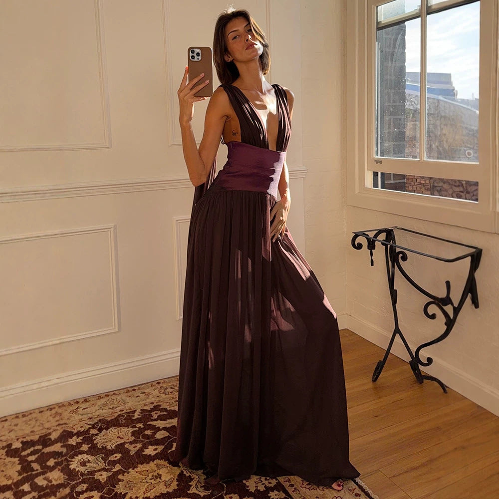 Wine Red Dress Women Summer Sleeveless Deep V Plunge Fitted High Waist Drape Chiffon Dinner Dress