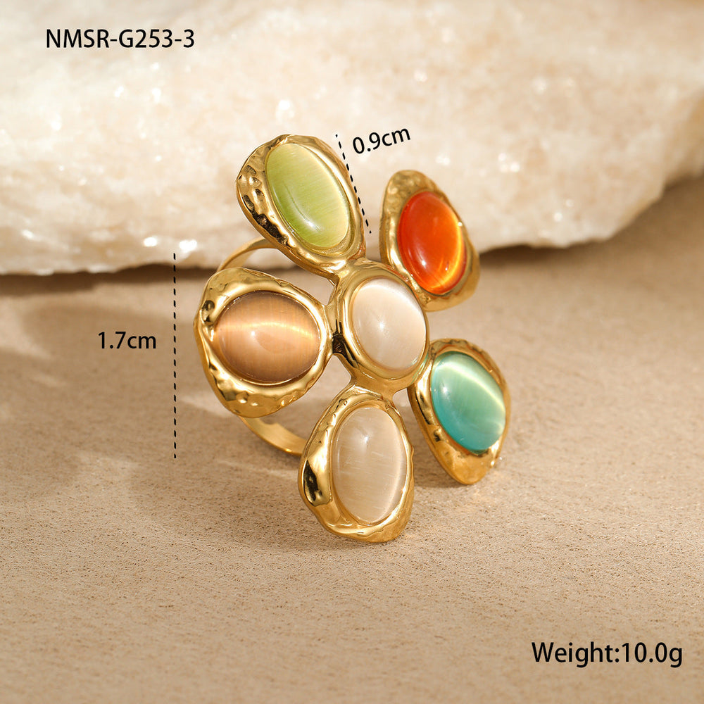 Retro 18K Gold Stainless Steel High Grade Color Opal Hammered Floral Earrings Earrings