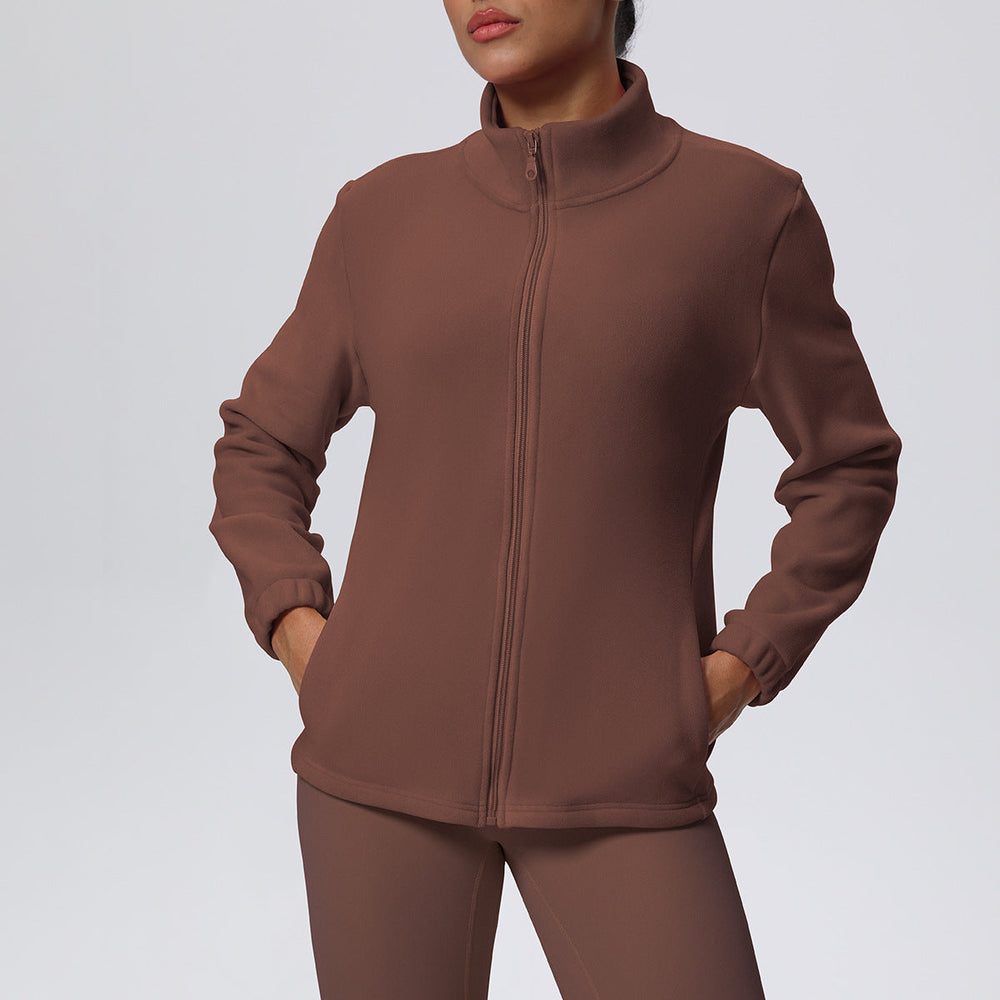 High Collar Warm Fleece Lined Zipped Sports Coat Loose Yoga Clothes Casual All Matching Women