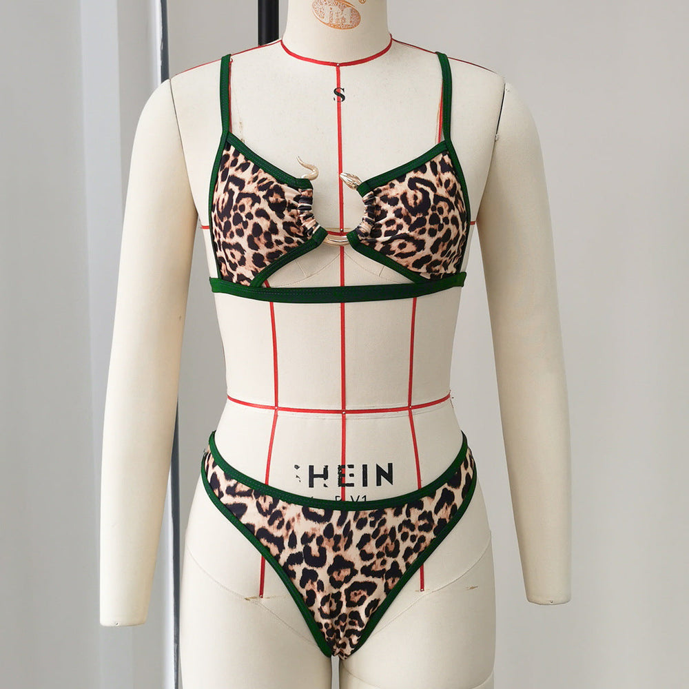 High Slit Low Waist Briefs Bikini Sexy Leopard Print Hollow Out Cutout out Strap Split Swimsuit Women Bikini