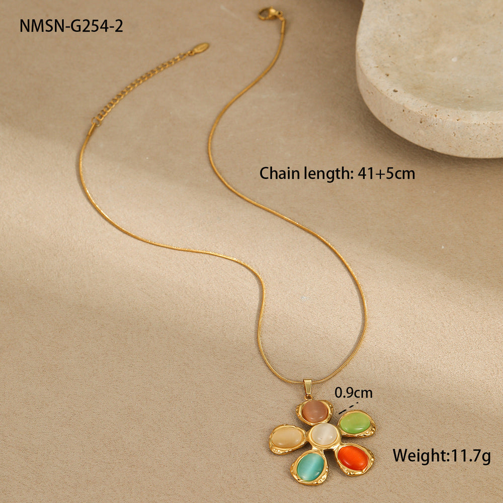 Retro 18K Gold Stainless Steel High Grade Color Opal Hammered Floral Earrings Earrings
