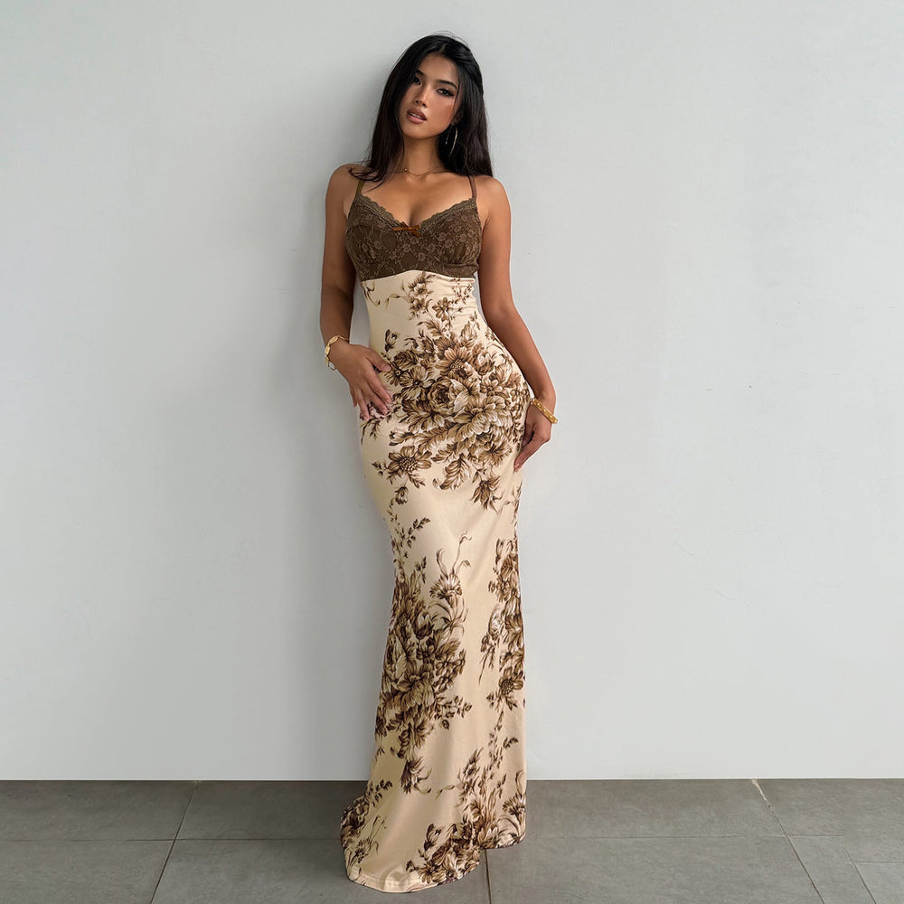 Sexy Retro Lace Stitching Chest Strap Dress French Elegant Romantic Floral Dress