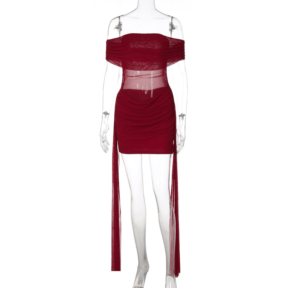 Women Mesh Stitching Sexy Spicy Girl Ribbon Off Shoulder Slim Fit Sheath Dress