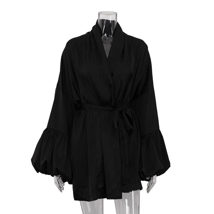 Women Clothing Striped Loose Casual Dress V neck Puff Sleeve Lace up Satin Drape A line Dress