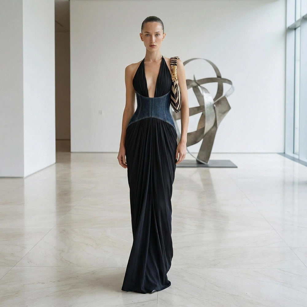 Halter Deep V Plunge Black Dress Denim Drawstring Slim Fit Maxi Drape Party Dress