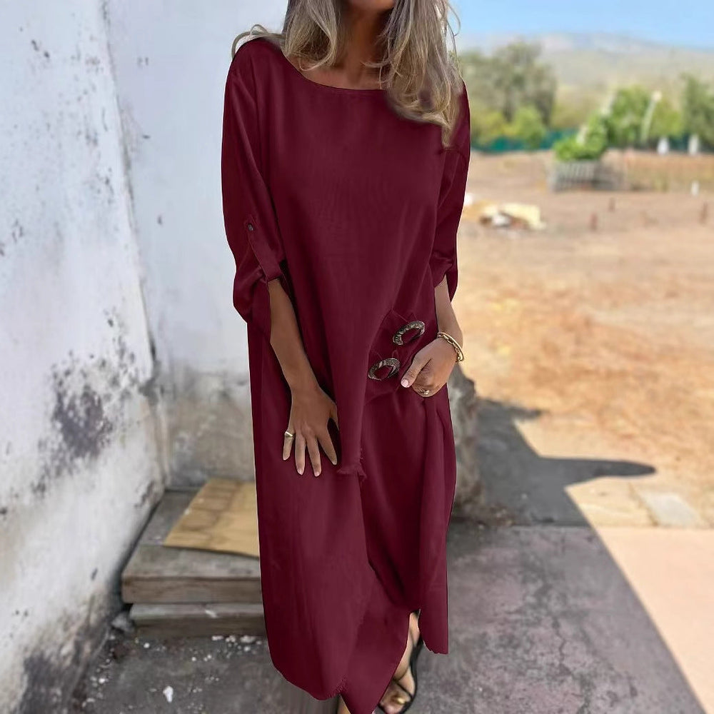 Spring Summer Metal Buckle Loose Irregular Asymmetric Robe Women Clothing