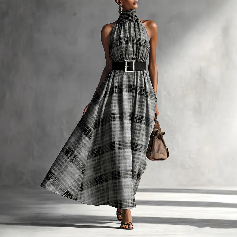 Halter Sleeveless Plaid High Waist Lace up Waist Draping Effect Large Hem A line Dress French Dress