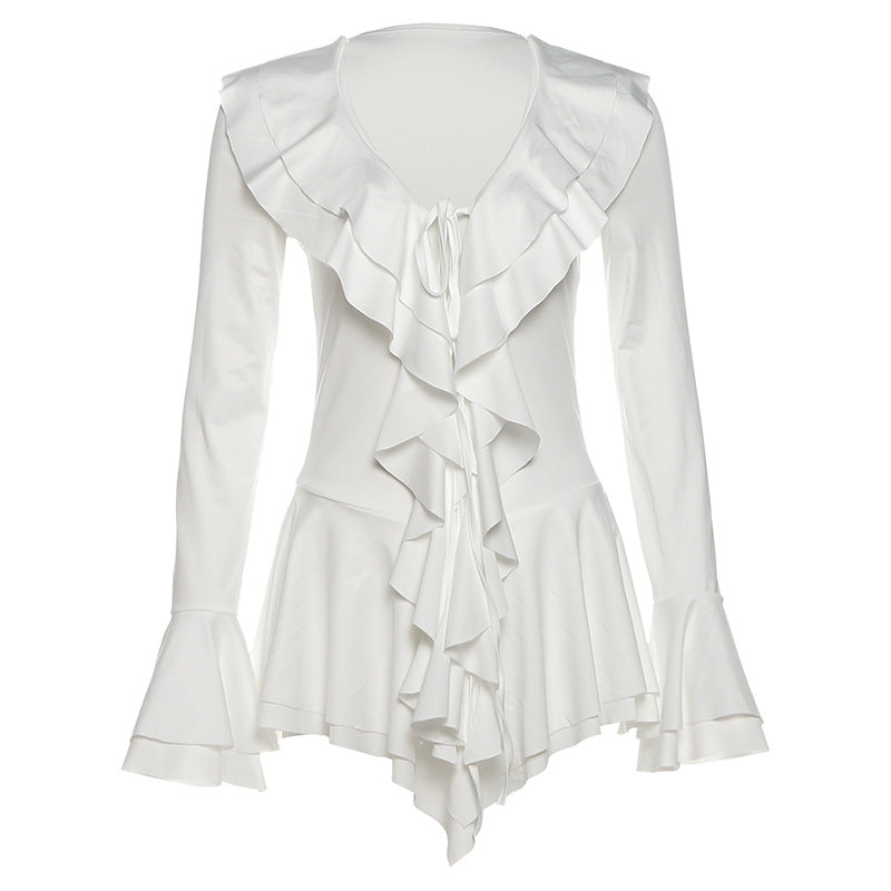 Fall Women Clothing V neck Slim Fit Tied Ruffled Flare Sleeve Dress