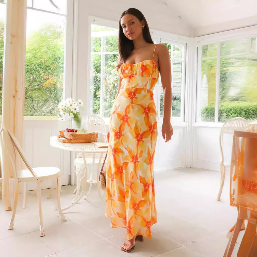 Fresh Sweet Summer Floral Print Backless Mid Length Dress