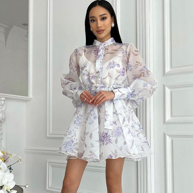 Women Elegant Stand Collar Long Sleeve Lace Printing A line Cami Dress
