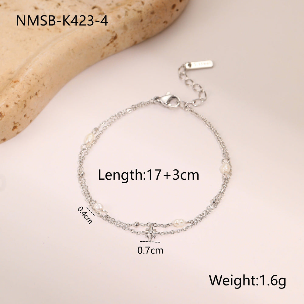 Double Layer Six Pointed Star Rhinestone Pearl Stainless Steel Necklace 18K Gold Plating Ornament