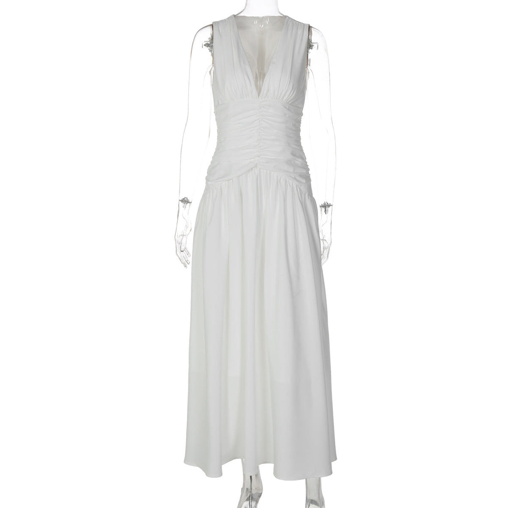 French Sexy V Neck Waist Cinching Pleated A Line Long Elegant Women Dress