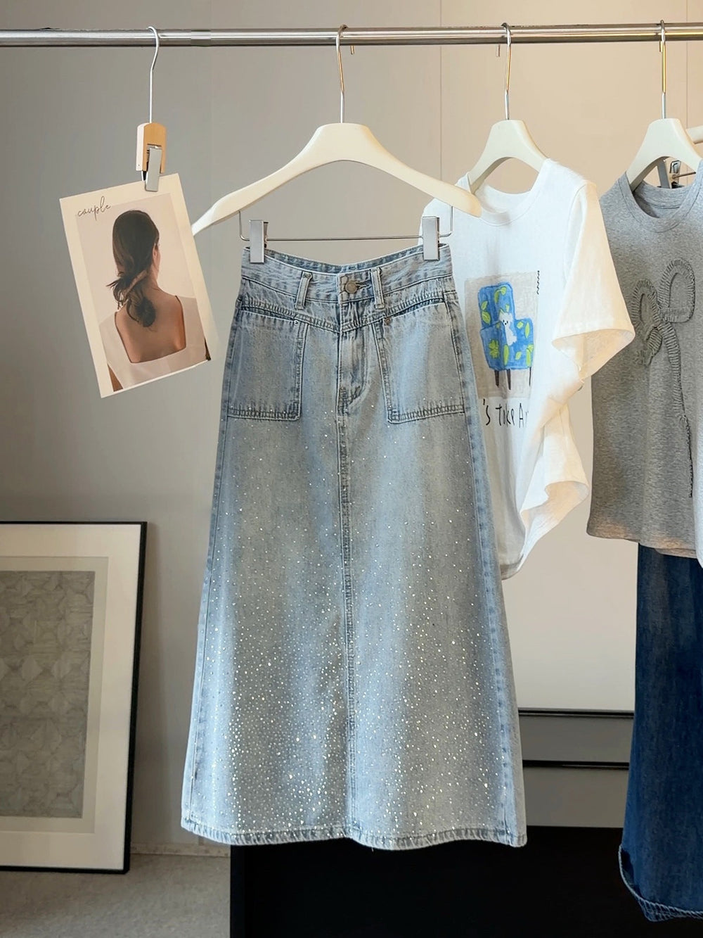 Popular Light Blue Rhinestone Denim Skirt Women Summer High Waist Slimming A line Midi Skirt