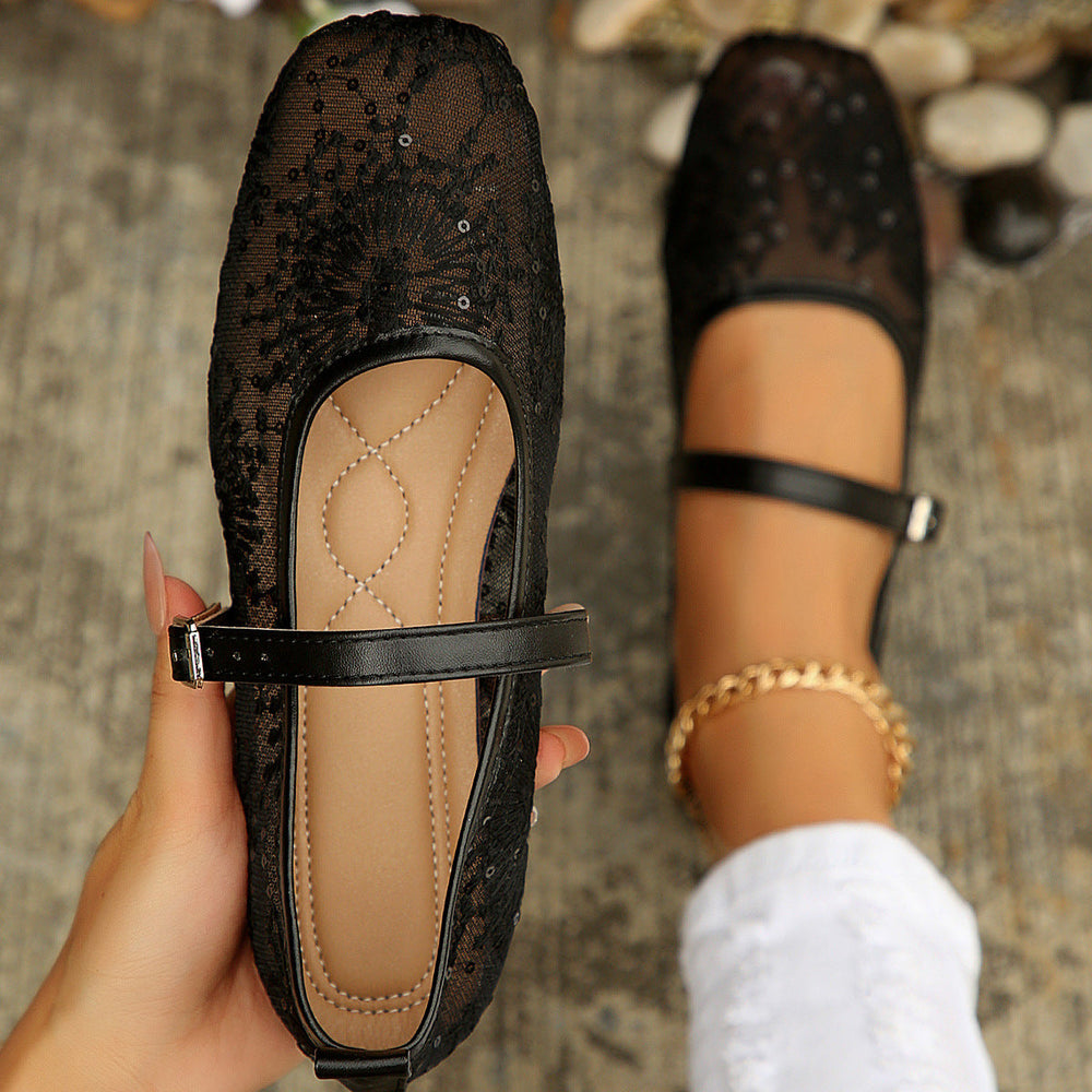 Mesh Breathable Low Top Shoes Women Vintage Mary Jane Flat Shallow Belt Buckle Loafers