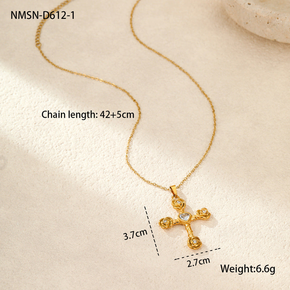 Elegance Retro Advanced Necklace Stainless Steel 18K Gold Color Diamond Rose Cross Embellished