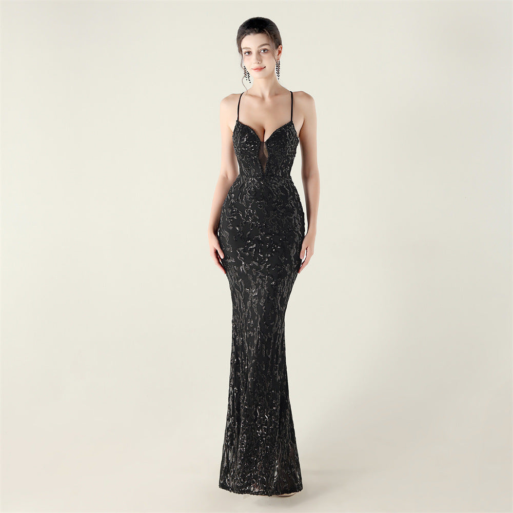 Beaded Embroidery Sequined Waist Trimming Lace up Deep V Plunge Heart Strap Evening Dress Cocktail Party