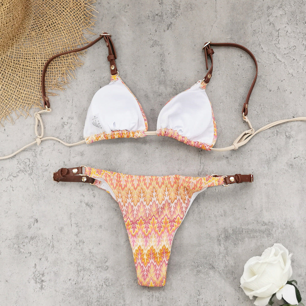 Adjustable Shoulder Strap Low Waist Briefs Bikini Sexy Stripes Printed Split Swimsuit Women