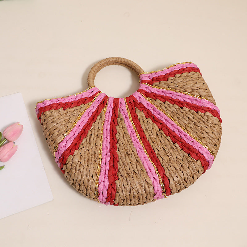 Niche Gold Line Contrast Color Portable Straw-Weaved Bag Striped Semicircle Straw Bag Woven Bag Degrees Wind Faux Beach Bag Women Bag