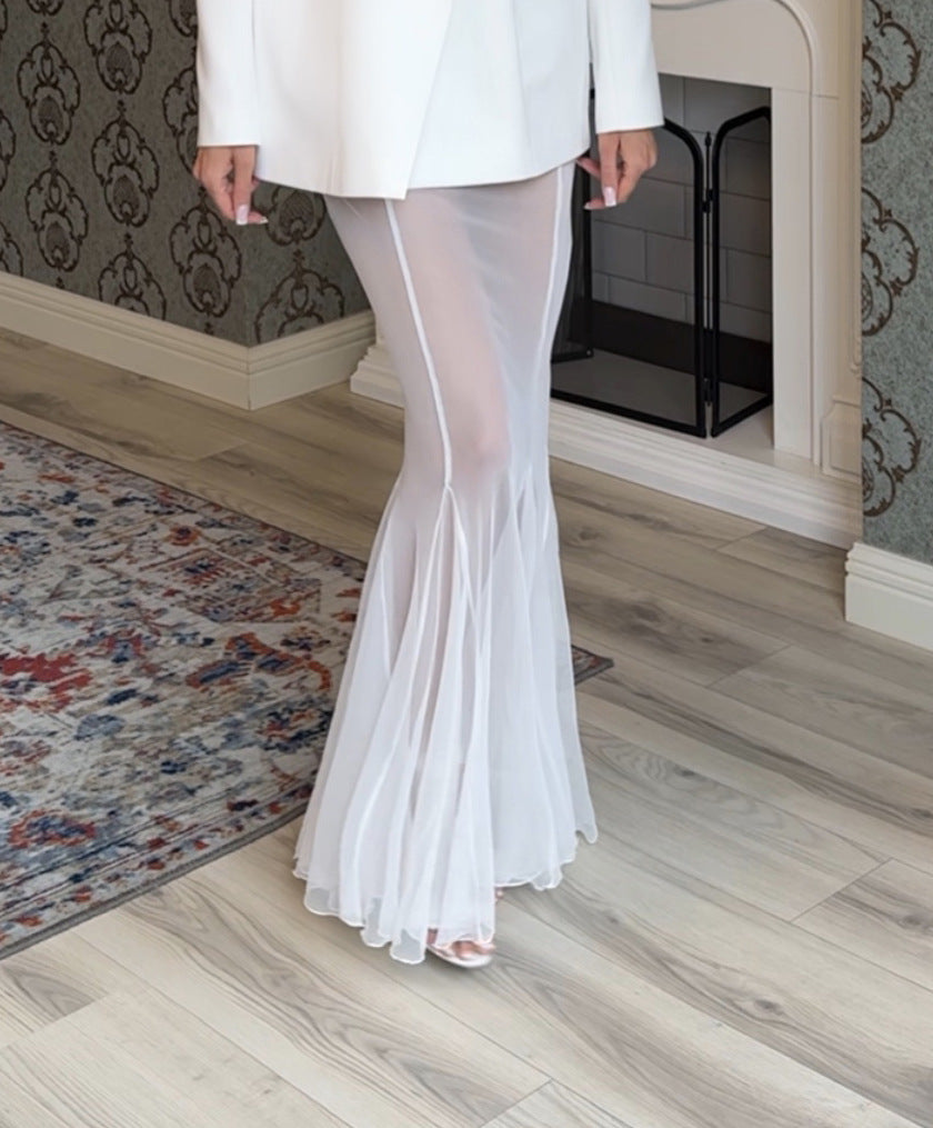 Long Sleeve Satin Top Loose Stretch Yarn Mesh Skirt Two Piece Sets