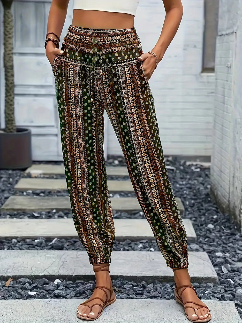 Spring Summer Women Clothing Bohemian Ethnic Print Loose Slimming Draping Effect Elastic Waist Ankle Tied Casual Pants