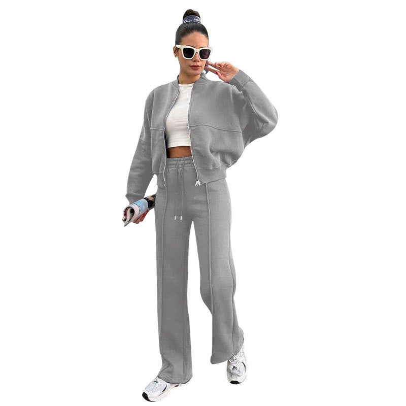 Autumn Winter Solid Color with Fur Zipper Cardigan Women Clothes Casual Straight Pants Two Piece Sets