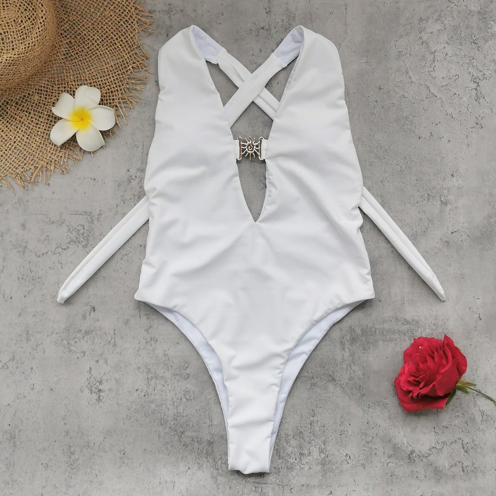 Pure White Sexy Deep V Plunge Halter Strap Backless One Piece Swimsuit Women