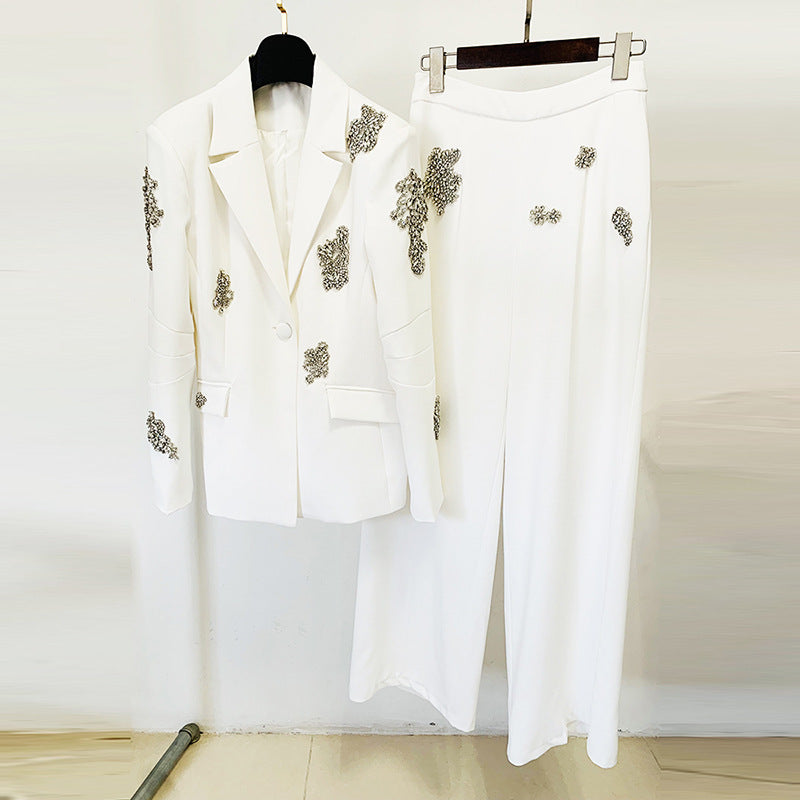 Heavy Industry Beads Diamond Embedded One Button Blazer Wide Leg Pants Suit Two Pieces