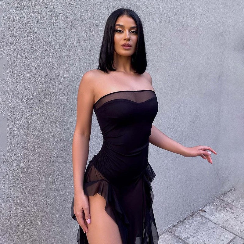 Women Clothing Summer Sexy Tube Top See through Korean Net Stitching Jellyfish Lace Dress