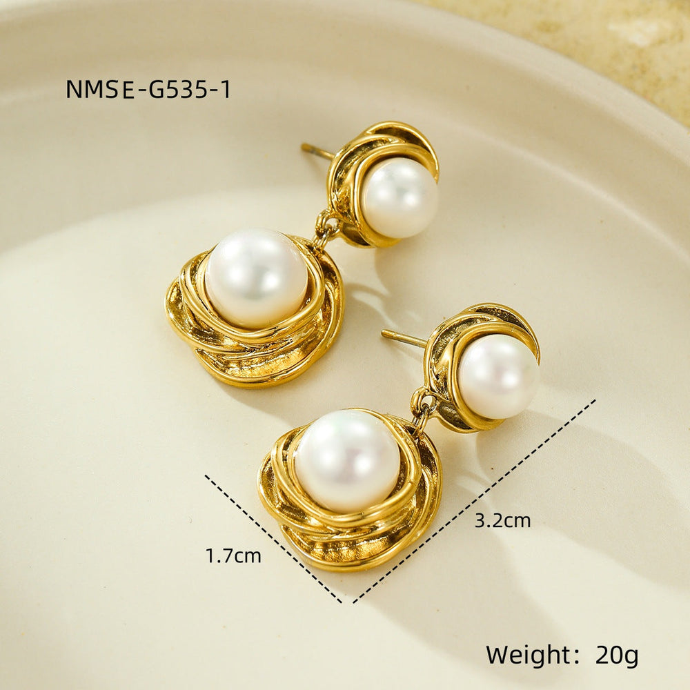 Retro Easy Matching High Grade round Winding Pearl Embellished Stainless Steel 18K Gold Plating Stud Earrings Women