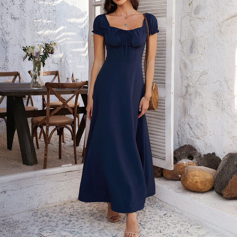 Spring Summer Elegant Solid Color Tied Pleating Puff Sleeve French Dress Women Clothing