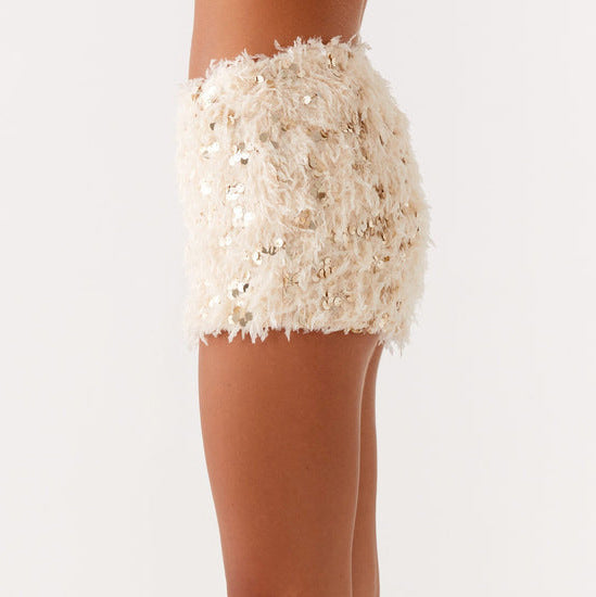 Summer Women Solid Color Slim Fit Furry Sequ Sequ Sexy Low Waisted Shorts
